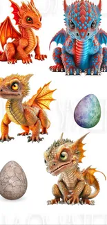 Cute baby dragons with colorful eggs on a white background.