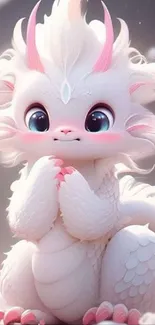 Adorable cartoon dragon with fluffy white fur and large eyes.