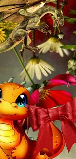 Cute dragon and flowers with a red bow in a fantasy setting.