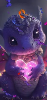 Adorable dragon holding a glowing heart surrounded by colorful butterflies.