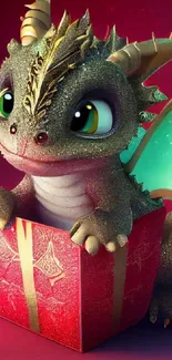 Adorable baby dragon in a gift box with sparkling colors.