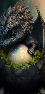 Cute dragon hatchling in a mystical egg, fantasy wallpaper.