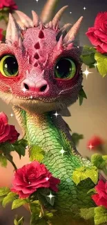 An adorable dragon surrounded by vibrant red roses in a fantasy setting.