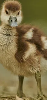 Adorable fluffy duckling on a nature background.