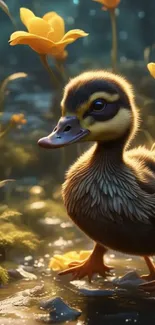 Cute duckling with yellow flowers in nature scene.