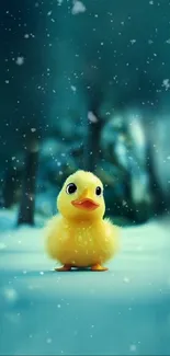 Adorable yellow duckling in a snowy forest background.