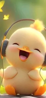Cartoon duckling with headphones and yellow butterflies.