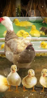 Duck with ducklings in pond wallpaper.