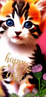 Adorable kitten with Easter text and colorful design.