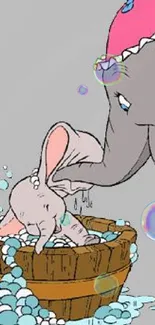 Two elephants cartoon bathing scene with bubbles in a wooden tub.