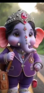 Adorable elephant cartoon character in purple outfit walking on a road.