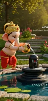 Elephant deity performing ritual in garden setting.