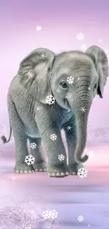 Cute elephant amidst snowflakes in a lavender winter scene.