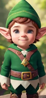 Adorable elf in green outfit standing in a forest setting.