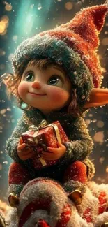 Adorable elf holding a gift with a festive background.