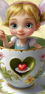 Adorable fairy in a decorative teacup with flowers.