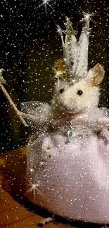 Adorable mouse dressed as a fairy holding a wand with sparkling stars.