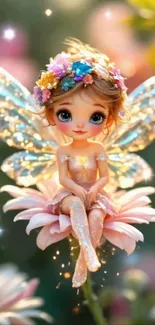 Cute fairy with wings sitting on a pink flower wearing a floral crown.
