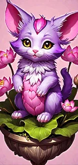 Purple fantasy cat with pink lotus flowers in a magical setting.