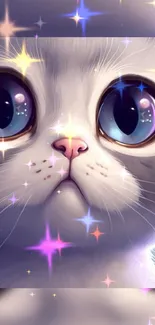 Fantasy cat wallpaper with sparkling eyes and colorful stars.