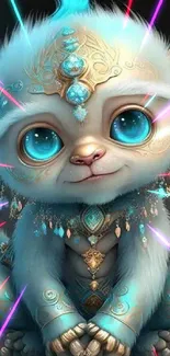 Adorable fantasy monkey with jewel adornments and bright blue eyes.