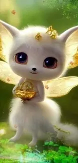 Adorable fantasy creature with golden wings on a green background.