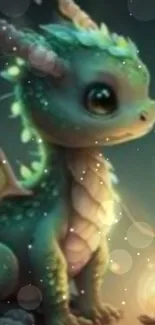 Cute dragon in a dreamy fantasy world with a glowing magical aura.