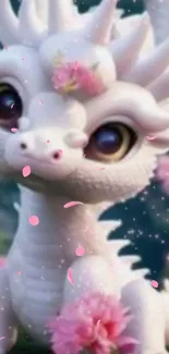 Adorable white dragon with cherry blossoms.