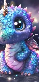 Adorable cartoon dragon with colorful scales and glowing eyes on a fantasy background.