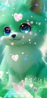 Adorable teal fantasy creature with glowing hearts.