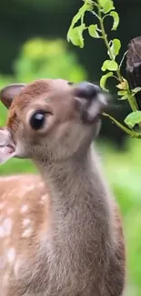 Cute deer nibbling on leaves in forest setting.