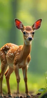 A cute fawn stands in a lush green forest.