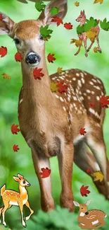 Adorable fawn surrounded by autumn leaves and greenery wallpaper.