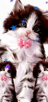 Cute kittens with pink bows in artistic wallpaper.