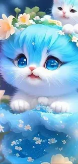 Adorable blue kitten with flowers on a dreamy background.