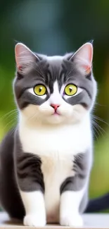 Adorable grey and white cat with yellow eyes sitting outdoors in green scenery.