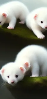 Cute white ferrets on a mossy branch in a serene forest setting.