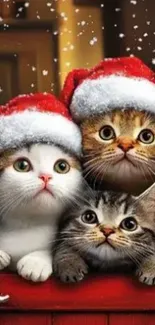 Three kittens wearing Santa hats in a snowy festive scene.