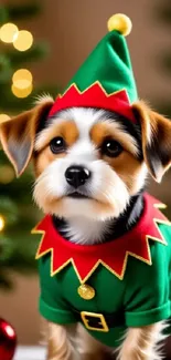Cute puppy in festive attire near a Christmas tree.