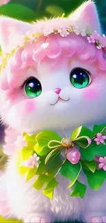 A fluffy white cat with pink flowers and green leaves in a cute wallpaper design.