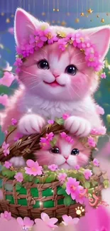 Two cute kittens with pink flowers in a basket, creating a charming wallpaper.