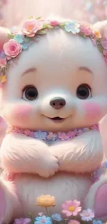 Adorable fluffy bear with a floral crown and pastel background.