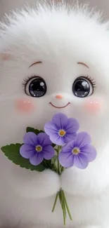 Adorable fluffy animal holding purple flowers
