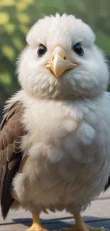 Adorable fluffy bird on a wooden deck with lush green background.