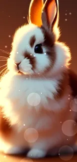 Adorable fluffy brown and white bunny in warm lighting.