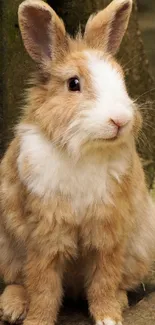 Adorable fluffy bunny with brown fur sitting on a natural background.
