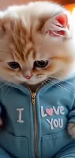 Fluffy cat in blue hoodie with 'I Love You' text.