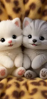 Two adorable fluffy kittens on a soft leopard-print blanket.