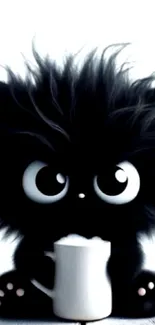 Fluffy black kitten holding a mug, wide-eyed and adorable.