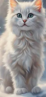 White fluffy cat with blue eyes in snow
